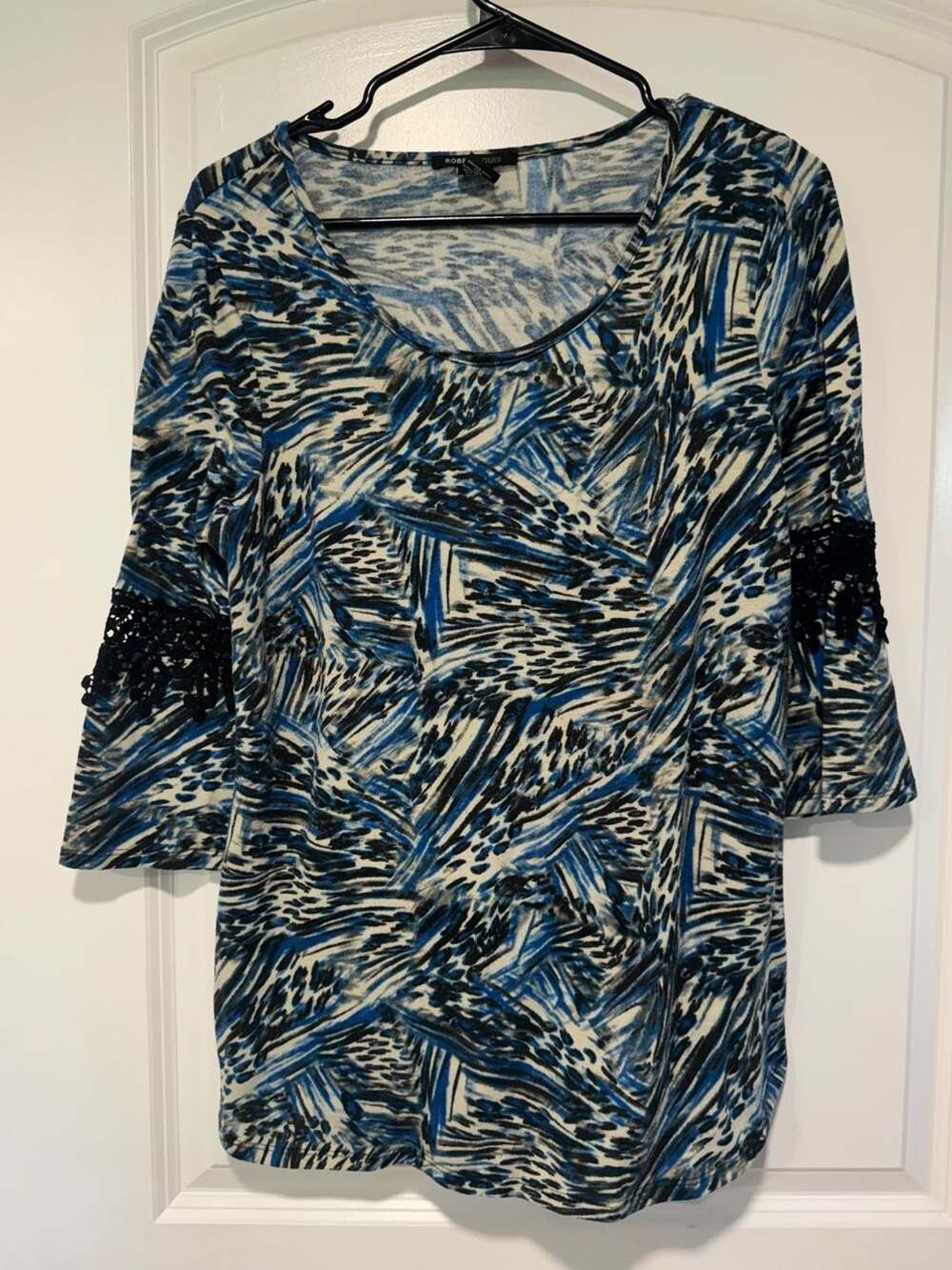Boho Abstract Animal Print Lace Sleeve Tunic Top Artsy Blue Women’s M